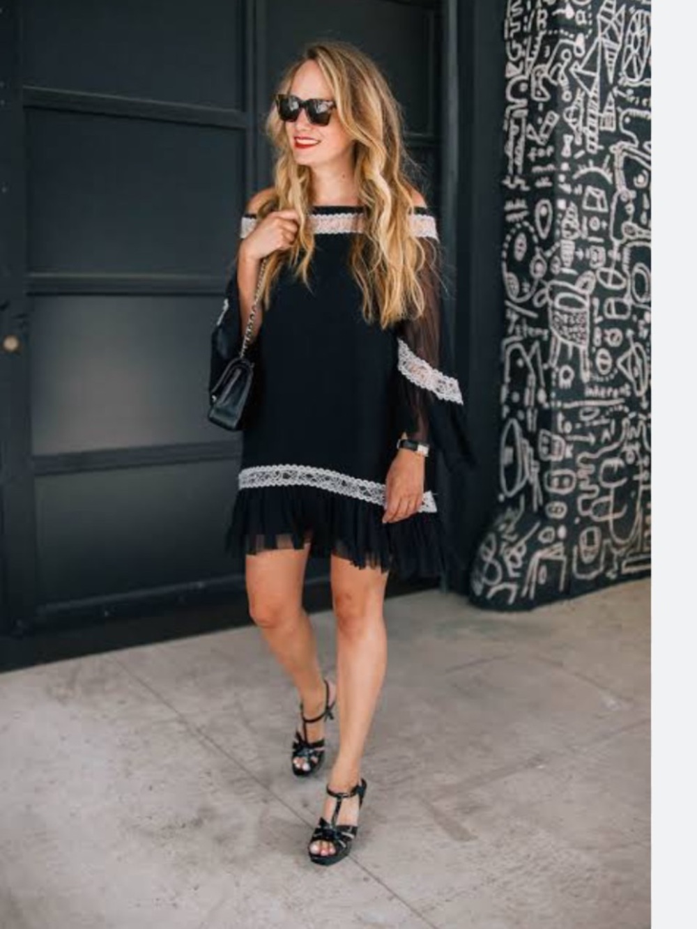Alice + Olivia Black Cold-Shoulder  silk Dress with White Lace Trim bell sleeve